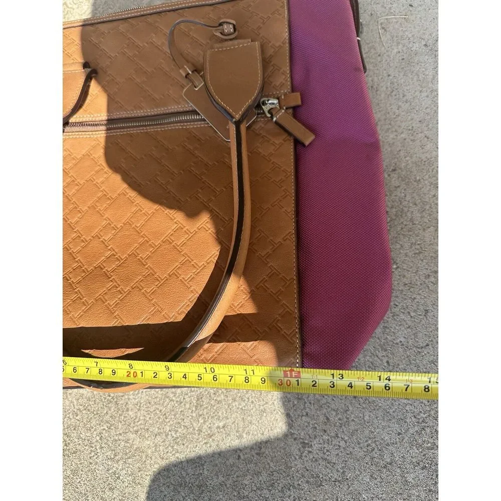 Tumi Tote Bag Tan Embossed Leather Purple Nylon Monogram Travel‎ Work Bag